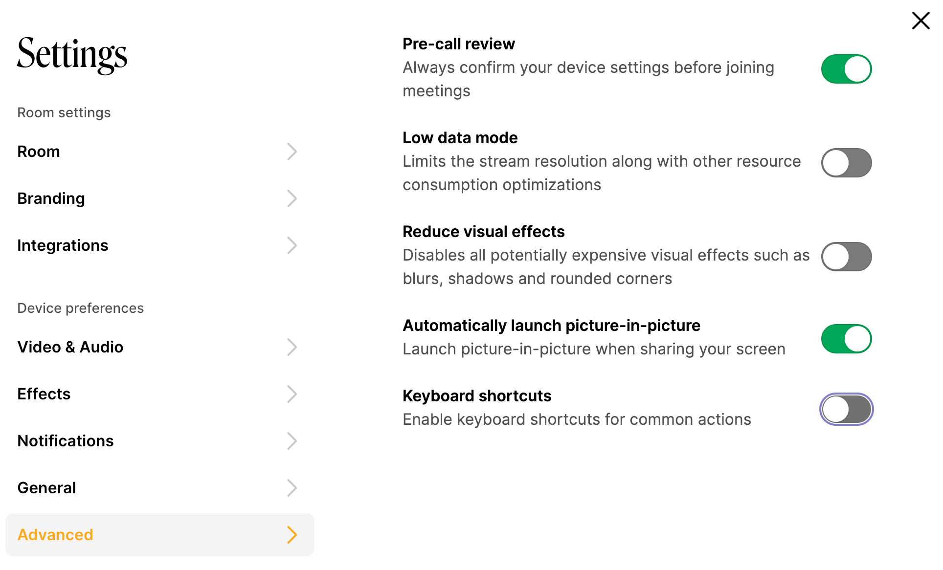 Whereby room settings showing keyboard shortcuts toggle